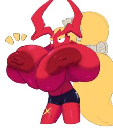 big_areola big_breasts big_horns big_nipples blonde_hair breast_expansion breast_focus bushy_eyebrows demon demon_girl demon_horns forehead gargoyle gigantic_breasts holding_breast horns huge_breasts hyper_breasts large_areolae large_breasts large_horns large_nipples leg_scar long_hair loogistall looking_up midriff original_character red_skin scar shiny_skin shorts shortstack skinny_girl thick_eyebrows ygritte_(loogistall)