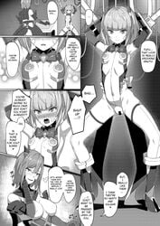 2girls armpits arms_behind_back arms_up blush bodysuit bondage defeated doujinshi exposed_nipples flat_chest immobile incest kageshio_(276006) machine magical_girl multiple_girls nipple_cutout nipples original pussy restrained stationary_restraints tagme text text_bubble yuri