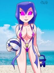 areolae areolae_slip beach beach_ball big_breasts breasts clash_(series) clash_of_clans clash_royale female female_only glowing_eyes kiut_artbs kiut_arts looking_at_viewer one-piece_swimsuit solo solo_female swimsuit witch_(clash_of_clans)