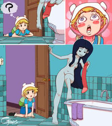 adventure_time backpack bag blonde_hair cjhomics convenient_censoring embarrassed female finn_the_human human male marceline nude pale_skin peeping_on_marceline