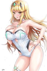 1girls 2021 bangs bare_legs big_breasts blonde_hair blush breasts cleavage core_crystal female female_focus female_only gold_eyes hair_ornament hand_on_chest hand_on_hip jewelry large_breasts long_hair looking_at_viewer mythra navel nintendo open_mouth solo swept_bangs thick_thighs thighs tiara white_background wide_hips xenoblade_(series) xenoblade_chronicles_2