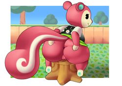 2021 absurd_res aerth animal_crossing anthro anus ass big_butt bottomless breasts clothed clothing female fur furry furry_only genitals hi_res holding_butt looking_back mammal nintendo no_underwear poppy_(animal_crossing) presenting presenting_anus presenting_hindquarters presenting_pussy pussy rodent sciurid sitting solo spread_butt spreading stump tail topwear video_games