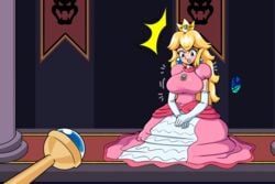 1girls alternate_breast_size blonde_hair breast_expansion breasts dress easybee female female_only fully_clothed huge_breasts long_hair magic magic_wand mario_(series) nintendo princess_peach shocked shocked_expression solo solo_female super_mario_bros.