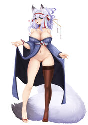 animal_ear_fluff animal_ears ass_visible_through_thighs bangs barbariank bare_shoulders black_legwear blue_eyes blue_hair breasts choker cleavage collarbone commentary english_commentary eyebrows_visible_through_hair eyes_visible_through_hair female folded_ponytail fox_ears fox_girl fox_shadow_puppet fox_tail full_body hair_between_eyes hair_ornament hair_stick hairband heart heart-shaped_pupils highres large_breasts large_tail lifted_by_self long_hair long_sleeves looking_at_viewer navel no_panties off_shoulder open_mouth original pussy sash simple_background single_thighhigh solo symbol-shaped_pupils tail thighhighs white_background wide_sleeves