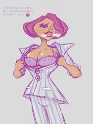 bra brown_eyes business_suit clothed clothing colored dark-skinned_female dark_skin female female_only heart hollis_forsythe horny huge_breasts looking_at_viewer nut_your_problem pants psychonauts psychonauts_2 red_hair sketch text underwear video_games