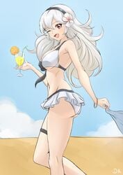 1girls ;d alternate_costume ass big_ass bikini bikini_skirt corrin_(fire_emblem) corrin_(fire_emblem)_(female) corrin_(summer)_(fire_emblem)_(female) deekei drink fire_emblem fire_emblem_fates fire_emblem_heroes flower frilled_skirt frills glass hair_between_eyes hair_flower hibiscus large_breasts long_hair looking_at_viewer nintendo one_eye_closed red_eyes silver_hair solo swimsuit underboob white_bikini white_flower white_swimsuit wink