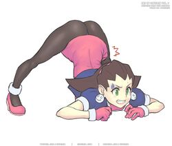 1girls ass ass_up blush capcom clenched_teeth clothed earrings gloves gofelem green_eyes grimace hairband jack-o_pose mega_man mega_man_legends pantyhose rockman rockman_dash teeth tron_bonne