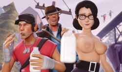 1girls 2boys 3d absurd_res beltskirt big_breasts big_nipples black_hair bottle confused cum_in_bottle dog_tags exposed_breasts glasses grin happy hat headphones light-skinned_female light-skinned_male microphone miss_pauling scout_(team_fortress_2) sfm skirt sniper_(team_fortress_2) source_filmmaker team_fortress_2 ubermachineworks