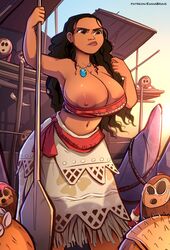 1girls alternate_breast_size big_breasts breasts breasts_out brown_hair brown_skin dark-skinned_female disney disney_princess emmabrave moana moana_waialiki nipple_slip nipples text