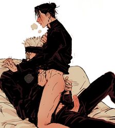 2boys anal_fingering ass ass black_hair blindfold blush blush erection fingering fingers_in_ass gay genitals hairbun hand_on_penis handjob jujutsu_kaisen male male/male male_only paradiso penis penis_grab penis_through_fly satoru_gojo suguru_geto tongue tongue_out visible_breath white_hair yaoi