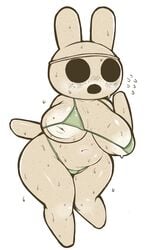 2021 animal_crossing anthro big_breasts bikini bikini_bottom bikini_top black_eyes bodily_fluids breasts clothed clothing coco_(animal_crossing) curvy_figure empty_eyes female full-length_portrait gamukami green_bikini green_clothing green_swimwear gyroid hi_res inverted_nipples lagomorph leporid mammal nintendo nipple_slip nipples open_mouth partially_clothed portrait rabbit simple_background solo sweat sweaty_breasts swimwear tan_body thick_thighs video_games white_background