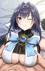 1girls absurdres after_ejaculation after_paizuri black_gloves blue_eyes blue_hair blush bow bowtie boy_on_top breast_grab breasts chains cleavage closed_mouth cum cum_in_clothes cum_on_body cum_on_breasts cum_on_upper_body cum_under_clothes earrings ejaculation eyebrows_visible_through_hair female_focus gloves grabbing hair_intakes hairband hands_up highres hololive hololive_english hololive_english_-council- hololive_english_-promise- jewelry looking_at_viewer lying male_pubic_hair neck_ribbon on_back one_eye_closed ouro_kronii paizuri paizuri_under_clothes pov pov_crotch pubic_hair ribbon ribbon_earrings short_hair signature smile solo_focus straddling straight tacticsalt upper_body veil virtual_youtuber