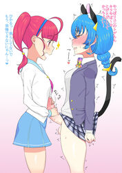 1futa 1girls animal_ears balls bangs barbed_penis big_penis blue_hair breasts breathing cat_ears cat_tail catgirl chirimen_jakko clothed clothing drooling duo erection female fully_clothed futa_on_female futanari handjob human humanoid humanoid_penis kemonomimi light-skinned_female light-skinned_futanari light_skin mostly_clothed pale_skin penis penis_on_belly red_hair school_uniform side_view skirt standing