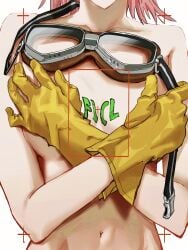 belly belly_button breasts covering covering_breasts flcl gloves goggles haruko_haruhara medium_breasts nude pink_hair tagme white_background