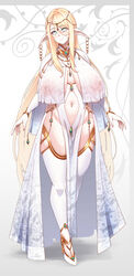 1girls big_breasts blonde_hair breasts busty earrings elf elf_ears elf_female elf_princess_(konoshige) elf_queen female female_only huge_breasts large_breasts legwear mostly_clothed no_panties original pelvic_curtain pointy_ears ryuun_(stiil) smile solo standing thick_thighs thighhighs thighs voluptuous yellow_hair