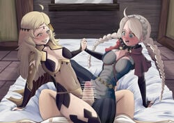 1boy 2girls ahoge bedroom blonde_hair blue_eyes bodystocking braid breasts censored double_tribadism_on_penis female_focus ffm_threesome fire_emblem fire_emblem_fates fire_emblem_heroes grey_eyes grinding holding_hands kiran_(fire_emblem) kiran_(fire_emblem)_(male) looking_at_penis medium_breasts multiple_girls naughty_face nina_(fire_emblem) nintendo on_bed open_mouth ophelia_(fire_emblem) pov skye_borough smile threesome tongue tongue_out tribadism tribadism_on_penis twin_braids twintails white_hair