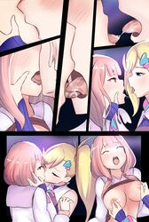 2girls absurdres areolae asymmetrical_hair bangs blonde_hair blue_eyes blunt_bangs breasts breasts_out carmilla_(re:zero) covered_nipples french_kiss gear_art hair_ornament hair_tie heart heart_hair_ornament highres holding_head kissing large_breasts long_hair medium_hair minerva_(re:zero) multiple_girls nipple_tweak nipples panels parted_bangs pinching_nipples pink_eyes pink_hair ponytail re:zero_kara_hajimeru_isekai_seikatsu saliva saliva_trail side_ponytail sidelocks tied_hair torogao yuri