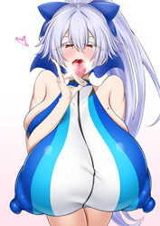 1girls big_areola big_breasts big_nipples blue_clothing blush breasts breasts_bigger_than_head busty erect_nipples erection_under_clothes fate/grand_order fate/stay_night fate_(series) fellatio_gesture female female_focus female_only gorio hanging_breasts huge_areolae huge_breasts huge_nipples imminent_fellatio imminent_oral innuendo large_breasts leaning_forward long_hair mole_on_breast nipple_bulge nipples_visible_through_clothing red_eyes seductive seductive_look seductive_mouth seductive_smile silver_hair solo solo_female solo_focus suggestive suggestive_gesture suggestive_look swimsuit tomoe_gozen_(fate) tomoe_gozen_(swimsuit_saber) tongue_out tongue_piercing top_heavy visible_breath white_background