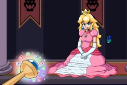 1girls blonde_hair breast_expansion breasts dress easybee female female_only fully_clothed huge_breasts long_hair magic magic_wand mario_(series) nintendo png princess_dress princess_peach solo solo_female super_mario_bros.