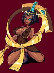 1girls andersonicth bob_cut dark-skinned_female dark_skin egyptian eliza_(skullgirls) female high_heels large_breasts nipples_visible_through_clothing pussy skullgirls solo thick_thighs