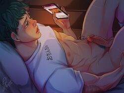 1boy bodily_fluids cellphone clothing erection genital_fluids genitals green_eyes green_hair izuku_midoriya male male_focus male_only male_urethral_insertion masturbating masturbation my_hero_academia nude nude_male penis phone precum precum_drip pubes pubic_hair shirt shirt_only soenfia solo solo_focus solo_male sounding_rod urethral_insertion