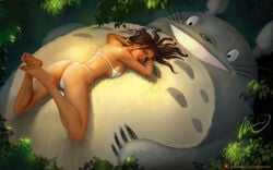 bikini brown_eyes brown_hair female long_hair lying_on_stomach mironishin my_neighbor_totoro original_character outside studio_ghibli totoro