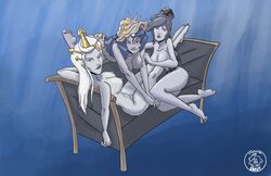 3girls blue_eyes blue_hair blue_skin braid breasts conch covering_breasts crown crueltyfreesmut dungeons_and_dragons feet feet_up female female_only first_porn_of_character first_porn_of_franchise giantess hair hair_ornament leaning_forward leaning_on_object legs_together looking_at_viewer lying nipples nude nude_female pale-skinned_female pale_skin pinup princess_mirran princess_nym princess_serissa sisters sitting smile smiling_at_viewer standing storm_giant storm_king's_thunder tagme underwater white_hair