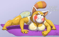 aggressive_retsuko ailurid anthro big_breasts black_nose blush bodily_fluids breasts closed_eyes clothed clothing exercise feet female g4rron humanoid_feet jackochallenge mammal orange_body red_panda retsuko sanrio shirt smooth_fur solo sweat sweatdrop sweaty_breasts sweaty_legs thick_thighs topwear translucent translucent_clothing wet wet_clothing wet_shirt wet_topwear wide_hips