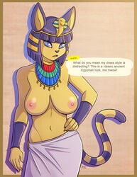 1girls 2021 animal_crossing ankha blue_eyes bracelet cat_ears cat_girl cat_tail catgirl egyptian hand_on_hip kadath large_breasts nintendo purple_hair skirt tiara topless voluptuous yellow_fur