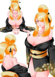 1girls 2021 alternate_breast_size alternate_hairstyle back back_view bare_legs black_clothing blonde_hair bowing breasts cleavage cosplay cynthia_(pokemon) female female_focus female_only grey_eyes hair_ornament hair_over_one_eye hi_res holding_object huge_breasts kimono kiseru kneeling long_hair multiple_angles nintendo open_clothes open_kimono pipe pokemon pokemon_dppt side_slit simple_background thick_thighs thighs toba_tsutsumi white_background