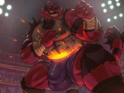 1boy abs anthro bara barazoku big_balls big_bulge bottomwear bulge clothed clothing fighting_ring fur gay genital_outline hi_res incineroar macrosteen male male_focus male_only male_solo muscular muscular_anthro muscular_male nintendo nipples pecs penis_outline pokémon_(species) pokemon pokemon_sm red_body red_fur ring shorts solo_male teen topless video_games