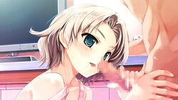 1boy aqua_eyes bare_shoulders censored clothed_female_nude_male collarbone female game_cg hair_intakes hanami_mariya imminent_fellatio indoors misaki_kurehito mosaic_censoring nude off_shoulder official_art open_mouth penis shiny shiny_hair shiny_skin short_hair silver_hair smile_cubic!