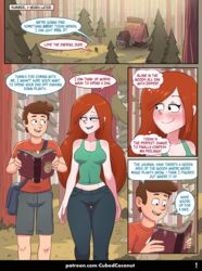 1boy 1girls age_difference background blush book breasts brown_hair color comic cubedcoconut dialogue dipper_pines disney disney_channel english_text exposed_belly female forest freckles gravity_falls infatuation jeans large_breasts long_hair male orange_hair page_1 page_number patreon red_hair redhead smooth_skin speech_bubble tall_female tank_top text topwear trees url wendy_corduroy wide_hips