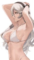 1girls alternate_costume armpits arms_behind_head arms_up bangs bare_shoulders bikini breasts cleavage collarbone corrin_(fire_emblem) corrin_(fire_emblem)_(female) female fire_emblem fire_emblem_fates hair_between_eyes hairband hartman_hips highres j@ck large_breasts long_hair nintendo red_eyes solo swimsuit underboob wet white_background white_bikini white_hair white_swimsuit