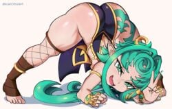 fishnets green_eyes green_hair jack-o_pose jackochallenge kurosu169 naked_apron naked_tabard shortstack smug tabard tagme