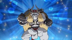 balls bandai_namco beard blue_eyes bottomwear clothing digimon digimon_(species) edit erection facial_hair fur gamusharakishin genitals loincloth male male_focus male_only male_solo muscular penis screencap solo solo_male tusks vikemon white_body white_fur