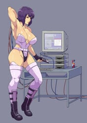 1girls arm_behind_head breasts cable cirenk cleavage computer curvy cyborg desktop electronics female female_only female_protagonist floppy_disk footwear full_body ghost_in_the_shell handwear human kusanagi_motoko large_breasts legwear light-skinned_female light_skin monitor pale_skin purple_hair short_hair solo standing table