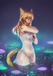 1girls blonde_hair cat_ears cat_girl cat_tail catgirl final_fantasy final_fantasy_xiv green_eyes lily_pad looking_at_viewer miqo'te see-through_clothing small_breasts standing_in_water tetisuka water wet