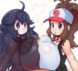 1boy 2girls alternate_breast_size big_breasts blue_eyes breasts breasts_bigger_than_head brown_hair clothed_female_nude_male cum cum_between_breasts double_paizuri dress ejaculation ejaculation_between_breasts eye_contact hairband hat heart_cum hex_maniac hilda_(pokemon) huge_breasts large_breasts long_hair looking_at_viewer matospectoru nintendo paizuri pokemon pokemon_bw pokemon_xy pov purple_eyes purple_hair smile top_heavy white_background