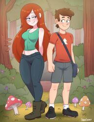 1boy 1boy1girl 1girls background blush boots brown_hair clothed color cubedcoconut dipper_pines disney disney_channel disney_xd forest freckles fully_clothed gravity_falls jeans light-skinned_male long_hair mushroom orange_hair pale-skinned_female pine_tree_(symbol) red_hair redhead seductive_eyes seductive_look seductive_smile smooth_skin tall_female tank_top trees wendy_corduroy