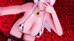 1girls 3d animal_print black_legwear blush bra clothing_cutout cow_print cowbell erect_nipples exposed_nipples heart_cutout high_resolution highres legwear mole mole_on_breast nipples pantoka peace_sign pink_eyes self_shot selfie smile underwear v vocaloid white_hair yowane_haku