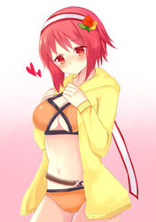 alternate_costume bare_midriff bikini blush cleavage cosplay fire_emblem fire_emblem_fates fire_emblem_heroes gradient_background hairband medium_breasts medium_hair mia_(fire_emblem)_(cosplay) miyako_(mongcocoa) nintendo orange_bikini orange_eyes orange_swimsuit red_eyes red_hair sakura_(fire_emblem) smile swimsuit underboob