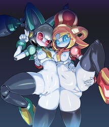 2girls android animal_ears ass ass_grab blue_eyes blue_nipples blue_pussy blue_sclera blush breasts cat_ears censored clothing crown dia-stage female groping hand_on_hip headwear heart_censor hybrid looking_at_viewer medabots medarot multiple_girls navel nekomimi nipples no_mouth one_leg_raised pale-skinned_female pale_skin parms peace_sign pochincoff pointless_censoring pussy red_eyes red_sclera robot robot_girl standing_on_one_leg v white_breasts white_skin