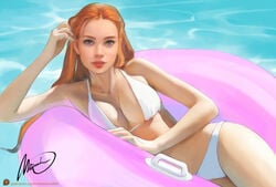 1girls bikini blue_eyes cleavage inflatable_raft long_hair looking_at_viewer mironishin orange_hair original original_character seaside