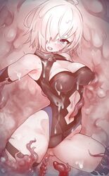 ass_visible_through_thighs bare_shoulders blush breasts clothing_cutout crying crying_with_eyes_open elbow_gloves fate/grand_order fate_(series) female gloves hair_over_one_eye large_breasts leotard mash_kyrielight navel navel_cutout nurami_(shouji) open_mouth short_hair sleeveless solo tagme tears tentacle thighhighs tongue