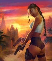 1girls ass brown_eyes brown_hair bubble_butt fingerless_gloves holding_weapon lara_croft lara_croft_(classic) long_hair mironishin tank_top tanned_skin tight_pants tomb_raider