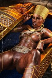 1girls 3d apone3d crown dark_skin dirty egyptian lying medium_breasts mummy nude pussy realistic sarcophagus shiny solo vampire