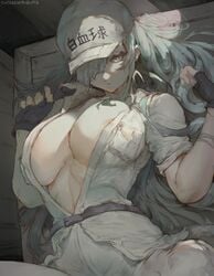 1girls absurd_res areola_slip areolae artist_name belt blue_eyes breasts cleavage cutesexyrobutts female female_only hair_over_one_eye hataraku_saibou hi_res large_breasts looking_at_viewer signature solo u-1196 white_body white_hair white_skin