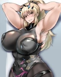 1girls 2021 armpit_hair arms_up barghest_(gawain)_(fate) belly big_breasts blonde_hair covered_navel covered_nipples curvy disgusted eyebrows_visible_through_hair eyelashes fate/grand_order fate_(series) grey_background hair_ornament hand_behind_head huge_breasts leotard navel plump ponytail sawa_(sawaillust) simple_background steamy_armpits yellow_eyes