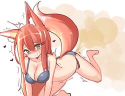 1girls actfourteen blush bra fart fart_cloud fart_fetish farting fox_ears fox_tail green_eyes hairclip heart looking_at_viewer orange_hair panties smile solo_female